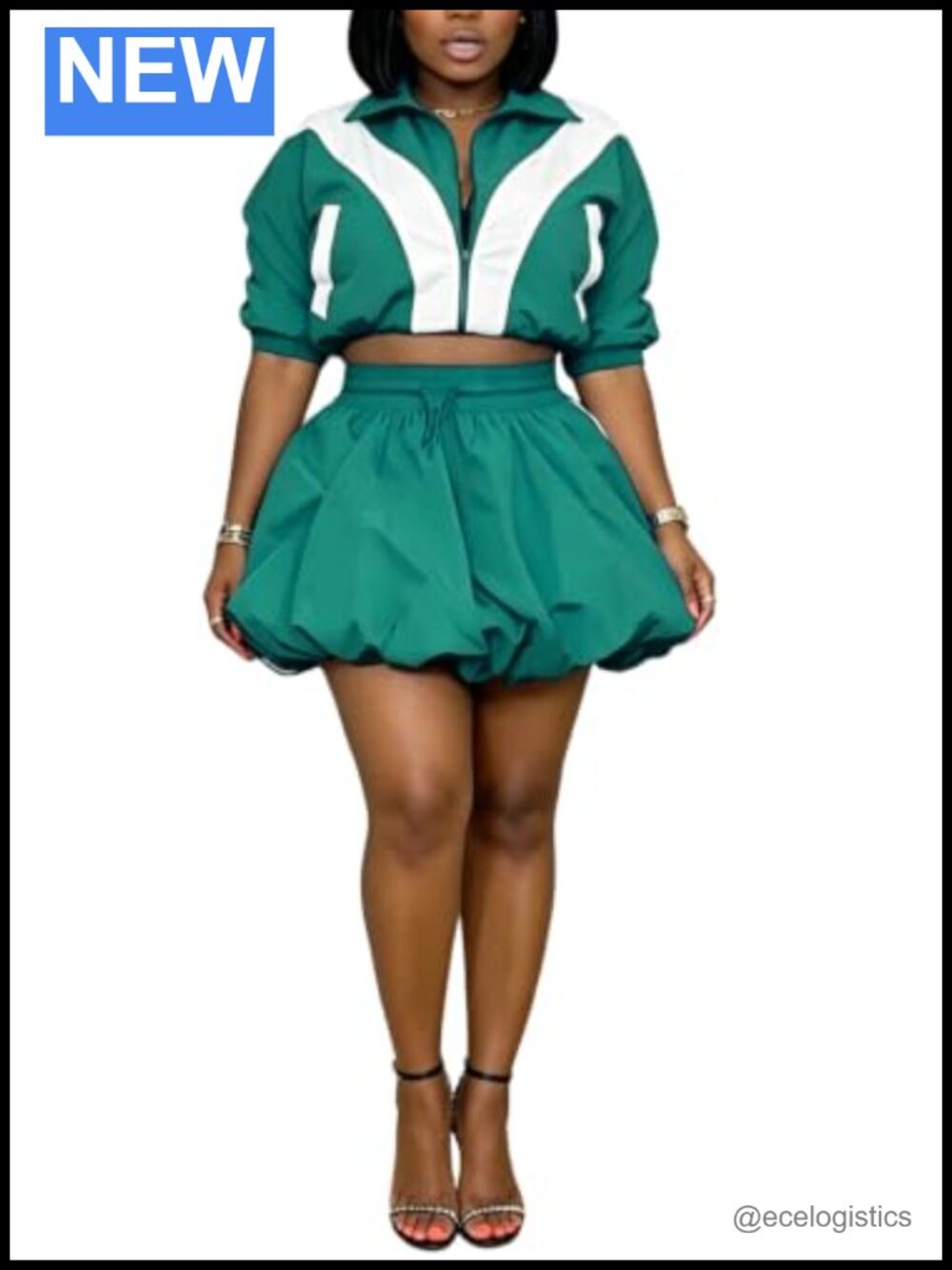 2 Piece Skirt Set Zip Up Crop Jacket Bubble Mini Skirt Y2K Outfit